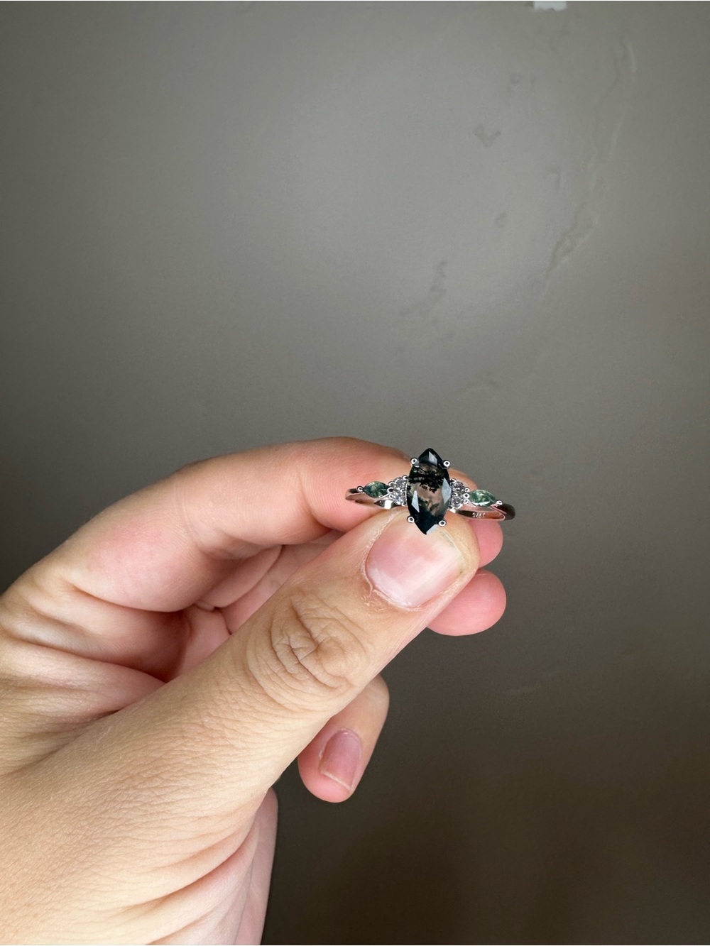 Silver Moss Agate Marquise Stone Ring with Clear Accent Stones New Size 10